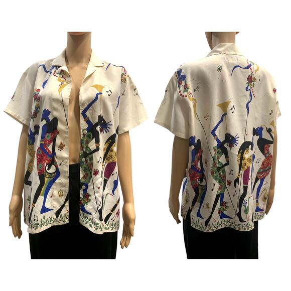 80s Rayon Shirt Colorful African Dancers Print | Women Short Sleeve | In Wear - Picture 4 of 10
